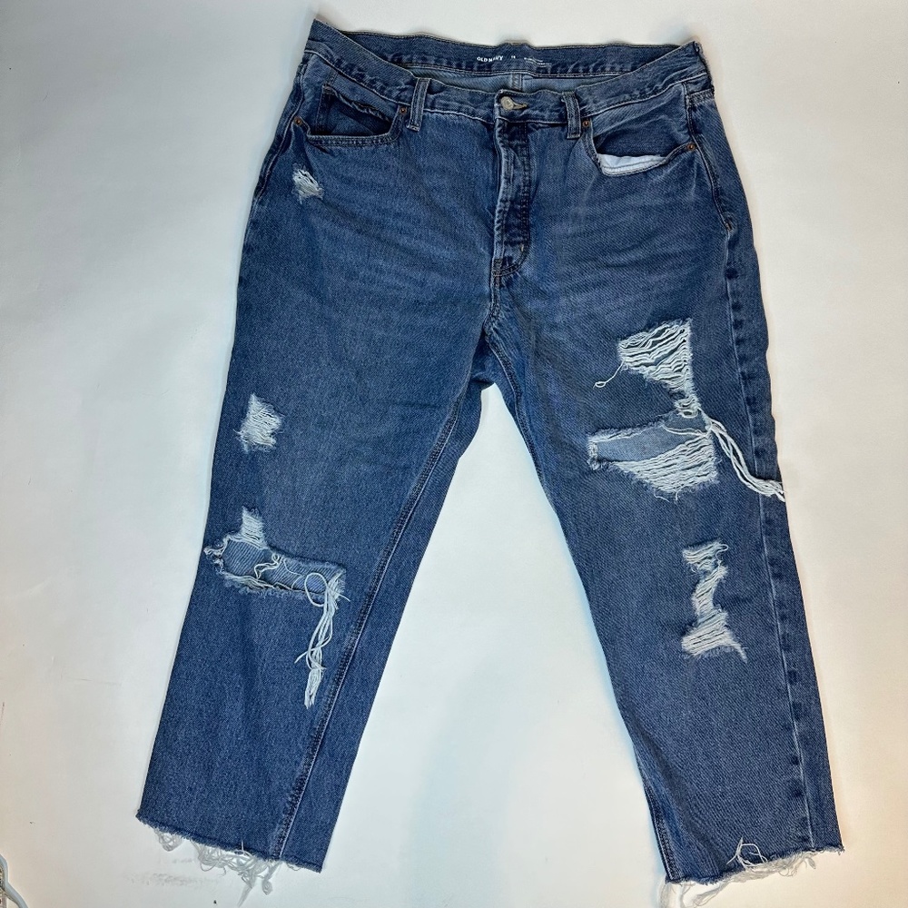 Old Navy High Rise Cropped Slouchy Straight Denim Jeans - Distressed, blue 16